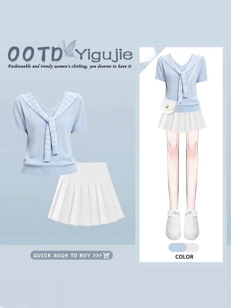 College Style Blue Commute Shoulder Shawl Short Sleeve Women's Set Summer Gentle Pleated Skirt And Top Two-Piece Suit
College Style Blue Commute Shoulder Shawl Short Sleeve Women's Set Summer Gentle Pleated Skirt And Top Two-Piece Suit
