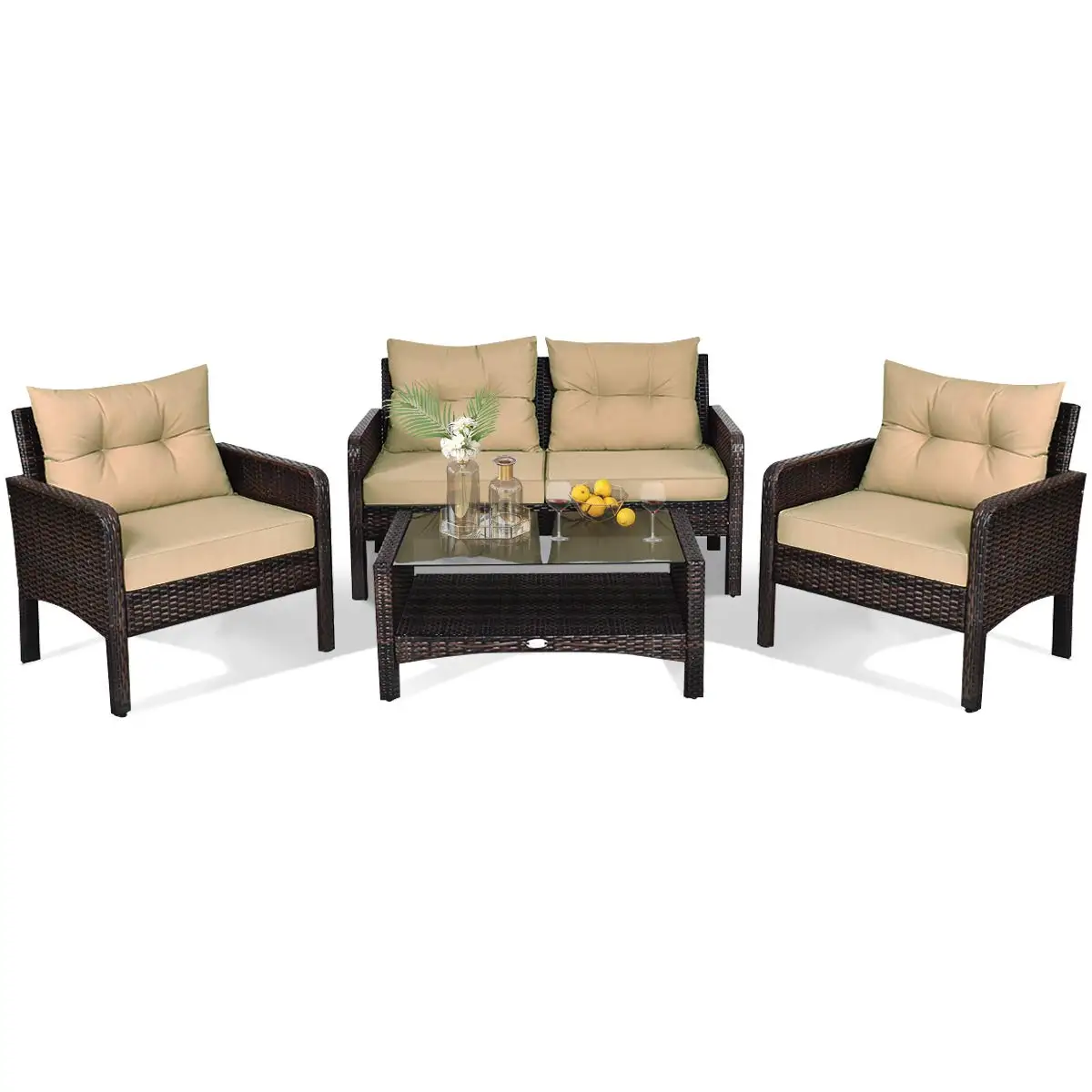 4-Piece Patio Furniture Outdoor Rattan Wicker Sofa Set with Cushions & Coffee Table with Tempered Glass Table Top, Customized
4-Piece Patio Furniture Outdoor Rattan Wicker Sofa Set with Cushions & Coffee Table with Tempered Glass Table Top, Customized