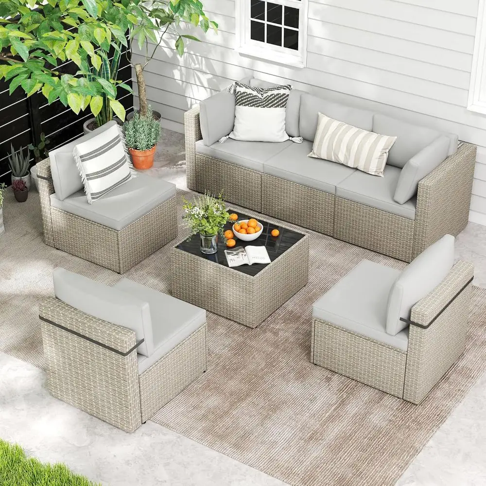 7-Piece Grey Rattan Outdoor Sectional Sofa Set with Weather-Resistant Cushions and Coffee Table for Patio, Poolside, or Deck
7-Piece Grey Rattan Outdoor Sectional Sofa Set with Weather-Resistant Cushions and Coffee Table for Patio, Poolside, or Deck