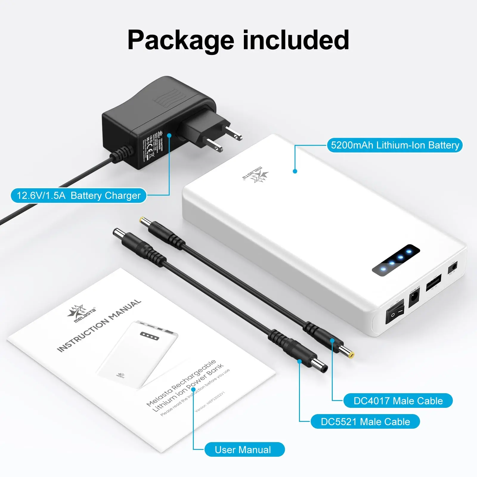 Melasta 12V 5200mAh Li-ion Battery Power Bank DC 12V/5V Output PD45W Type-C, QC3.0 USB Port for CCTV Camera, Spectra Pump, Phone
Melasta 12V 5200mAh Li-ion Battery Power Bank DC 12V/5V Output PD45W Type-C, QC3.0 USB Port for CCTV Camera, Spectra Pump, Phone