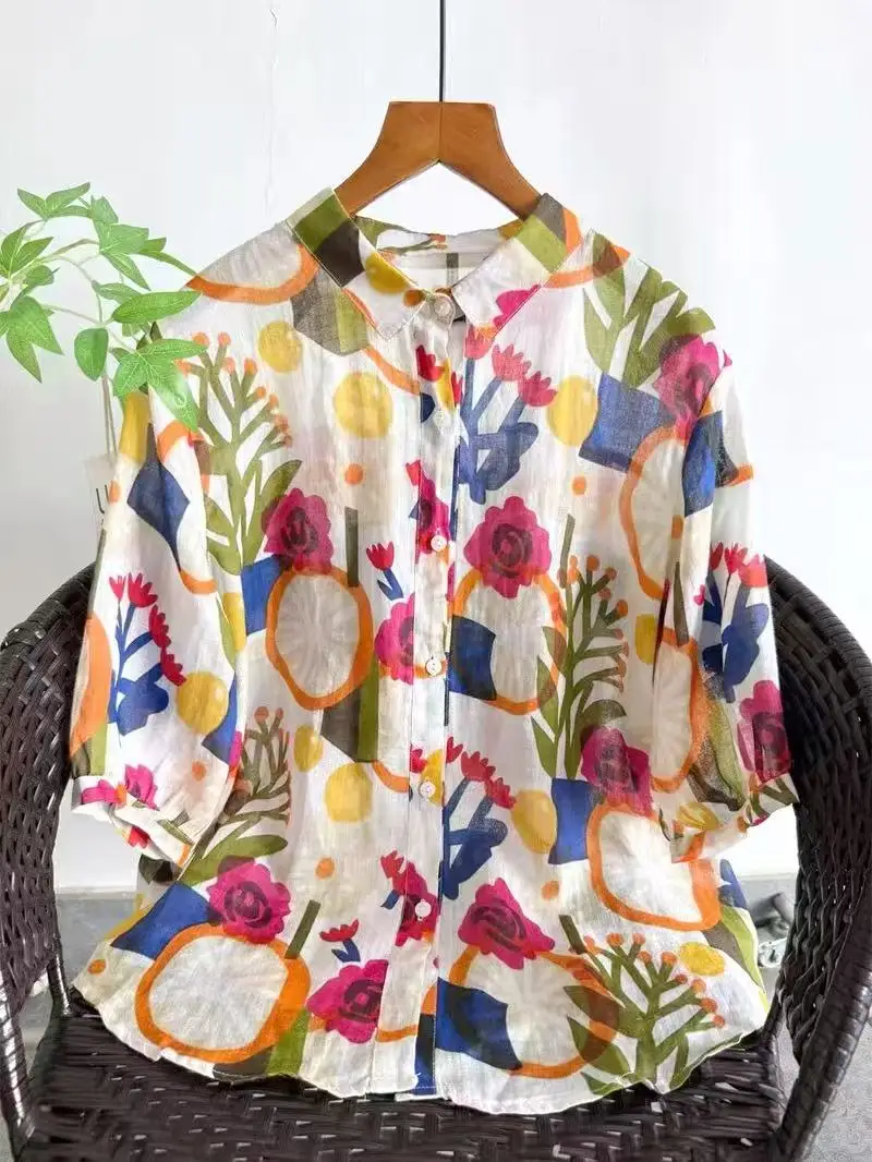 2026 Women's Cartoon Floral Print 100% Ramie Linen Shirts and Blouses Original Turn Down Collar 3/4 Sleeve Boho Blouse
2026 Women's Cartoon Floral Print 100% Ramie Linen Shirts and Blouses Original Turn Down Collar 3/4 Sleeve Boho Blouse