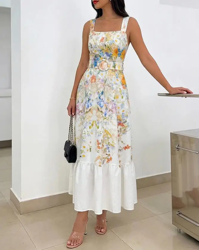 Women's Dress Summer New Elegant Sweet Style Flower Printed Square Collar Waist Waist Retractable A-Line Sleeveless Dress
Women's Dress Summer New Elegant Sweet Style Flower Printed Square Collar Waist Waist Retractable A-Line Sleeveless Dress