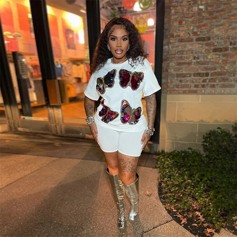 2025 Summer Casual Women 2 Piece Sets Short Sleeve O Neck Sequins Butterfly T Shirts Top and Shorts Black White Outfits Clothing
2025 Summer Casual Women 2 Piece Sets Short Sleeve O Neck Sequins Butterfly T Shirts Top and Shorts Black White Outfits Clothing