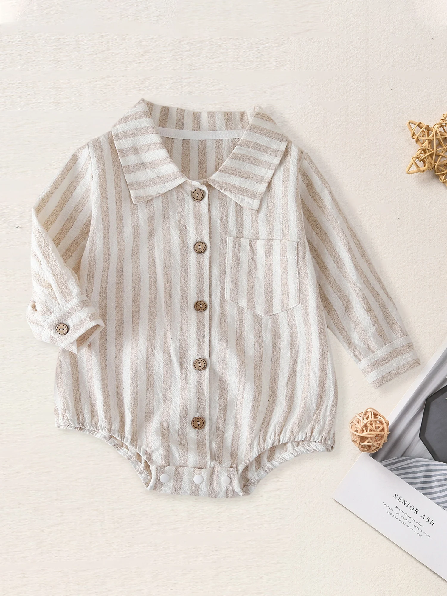 Infant Boys Fall Outfit Long Sleeve Collared Striped Romper with Button Closure and Front Pocket
Infant Boys Fall Outfit Long Sleeve Collared Striped Romper with Button Closure and Front Pocket