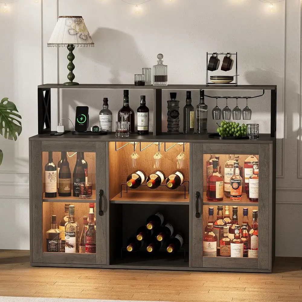 Gray LED-Lit Wine Cabinet with Rack and Glass Holder for Home Coffee Bar Storage
Gray LED-Lit Wine Cabinet with Rack and Glass Holder for Home Coffee Bar Storage