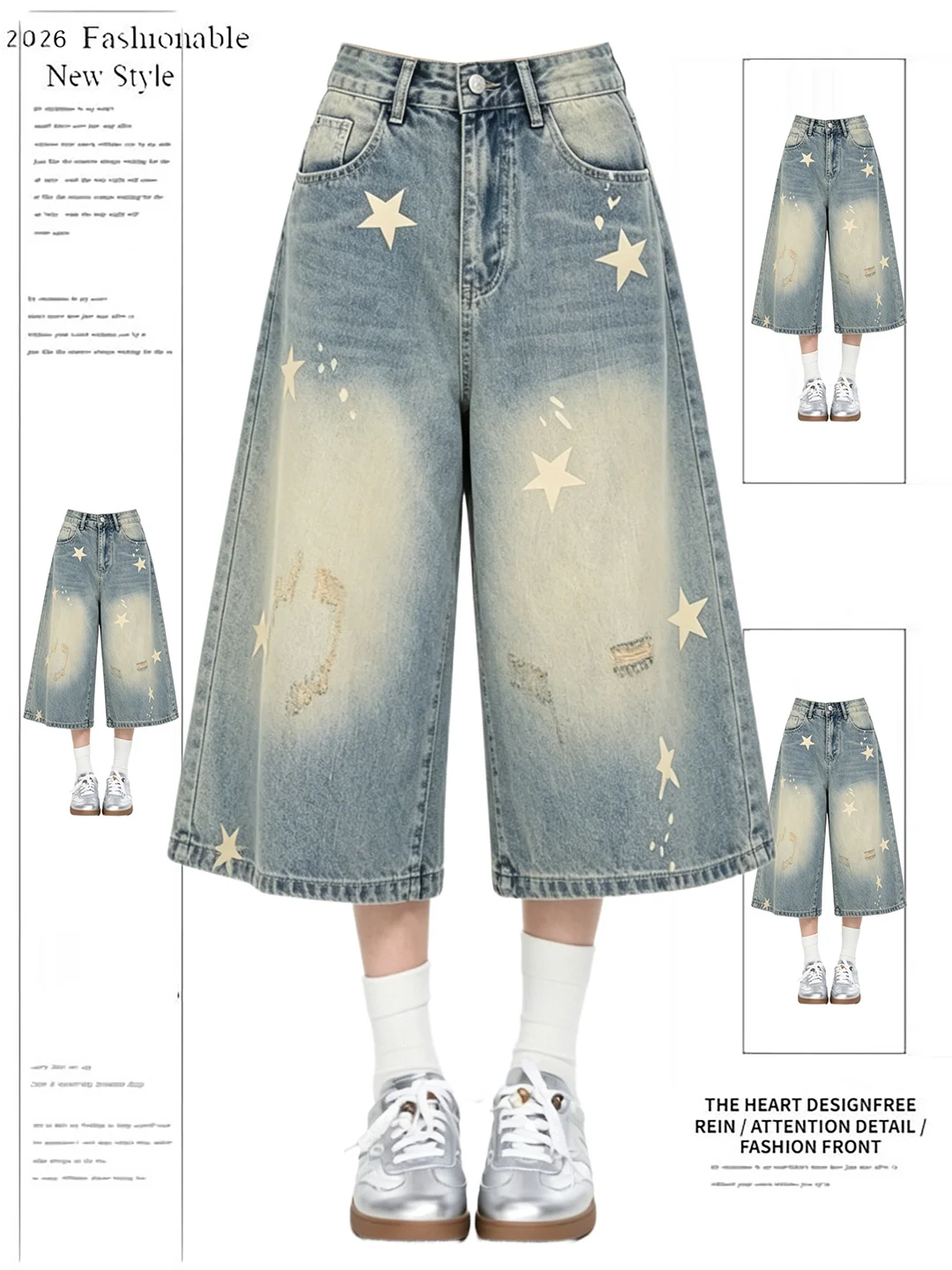 Retro American Star Print Denim Jeans High Waist Wide Leg Casual Shorts Women's Summer Worn Wash Loose Slimming Seven-Foot Pants
Retro American Star Print Denim Jeans High Waist Wide Leg Casual Shorts Women's Summer Worn Wash Loose Slimming Seven-Foot Pants