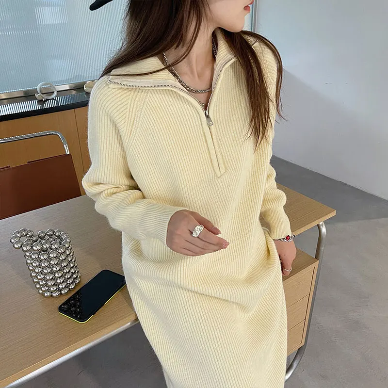 Chic Turtleneck Zipper Knitted Dress Women Thicken Autumn 2023 Loose Sweater Dresses Ladies Korean Elegant Apricot Knitwear
Chic Turtleneck Zipper Knitted Dress Women Thicken Autumn 2023 Loose Sweater Dresses Ladies Korean Elegant Apricot Knitwear