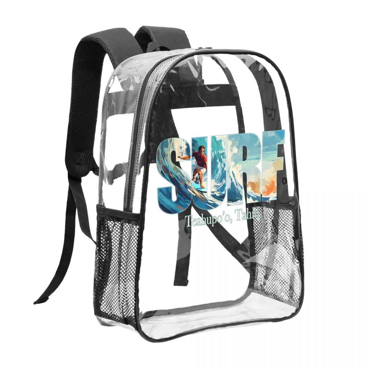 Teahupo'o Tahiti Surf Print Clear Backpack, Ocean Wave Surfer Graphic Design Lightweight Transparent School Bag
Teahupo'o Tahiti Surf Print Clear Backpack, Ocean Wave Surfer Graphic Design Lightweight Transparent School Bag