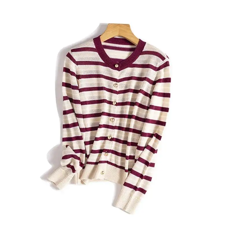 Spring Summer Striped Knitted Cardigan Women Vintage Round Neck Wool Blend Singe Breasted Sweater
Spring Summer Striped Knitted Cardigan Women Vintage Round Neck Wool Blend Singe Breasted Sweater