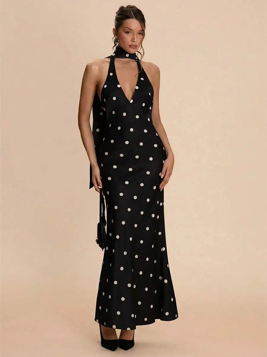 Black Polka Dot Halter Deep V-Neck Fishtail Maxi Dress Elegant Party Evening Gown
Black Polka Dot Halter Deep V-Neck Fishtail Maxi Dress Elegant Party Evening Gown