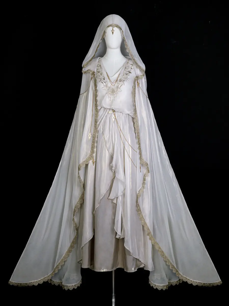 Women's Hooded Cloak Maxi Dress Set Gold Lace Trim Cape and Embroidery V-Neck Irregular Chiffon Gown Vintage Cosplay Outfit
Women's Hooded Cloak Maxi Dress Set Gold Lace Trim Cape and Embroidery V-Neck Irregular Chiffon Gown Vintage Cosplay Outfit