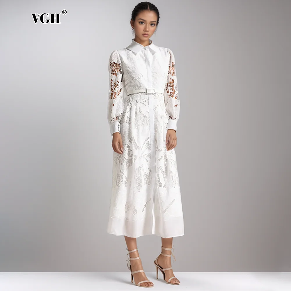 VGH Solid Lace Embroidery Dresses For Women Lapel Long Sleeve High Waist Spliced Belt A Line Elegant Dress Female Fashion New
VGH Solid Lace Embroidery Dresses For Women Lapel Long Sleeve High Waist Spliced Belt A Line Elegant Dress Female Fashion New
