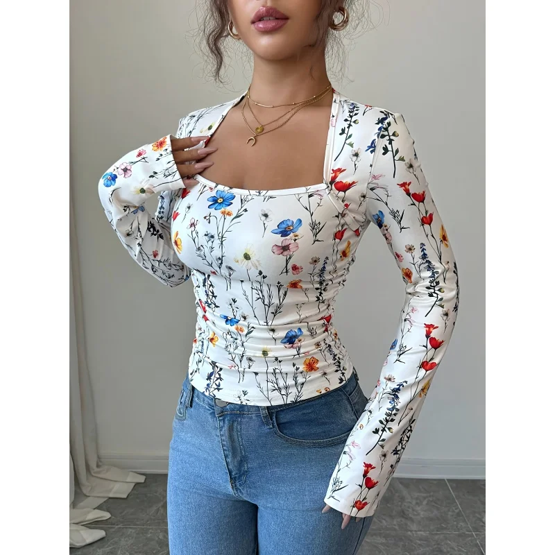 Women's Fashion Elegant U-Neck Floral Print Long Sleeve-Shirt Top, Suitable Casual Outings and Travel
Women's Fashion Elegant U-Neck Floral Print Long Sleeve-Shirt Top, Suitable Casual Outings and Travel