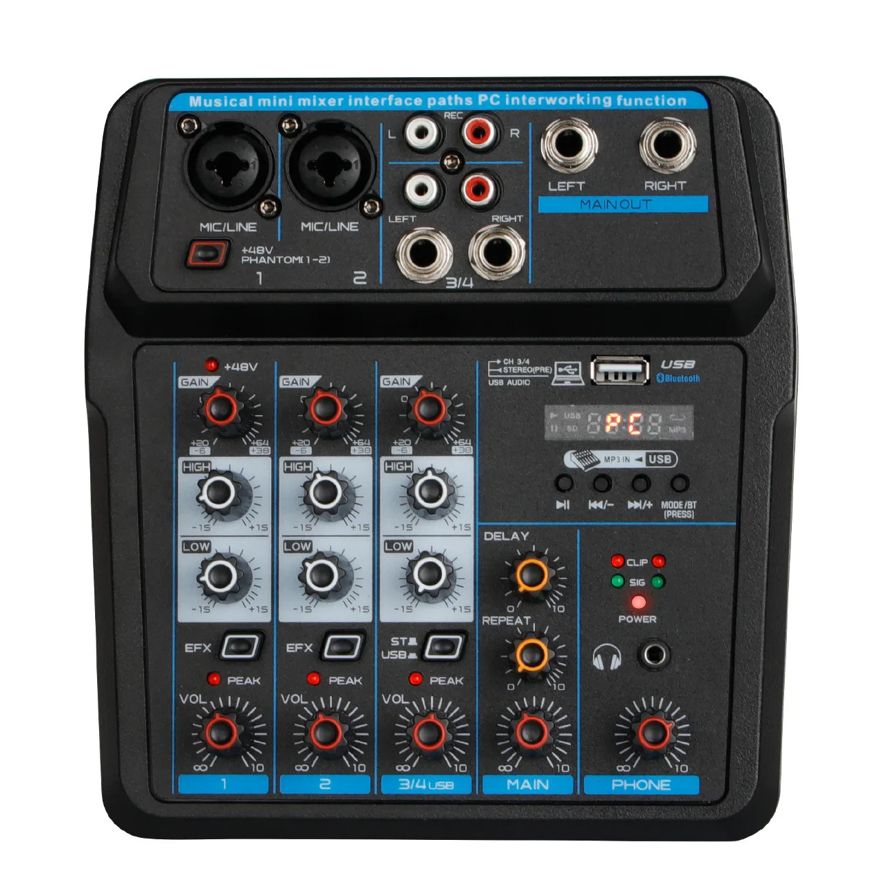 4-way Professional Mixing Desk Small Stage Karaoke with USB Reverb Effect Bluetooth DJ Speaker Mixing Desk Digital Audio Mixer
4-way Professional Mixing Desk Small Stage Karaoke with USB Reverb Effect Bluetooth DJ Speaker Mixing Desk Digital Audio Mixer