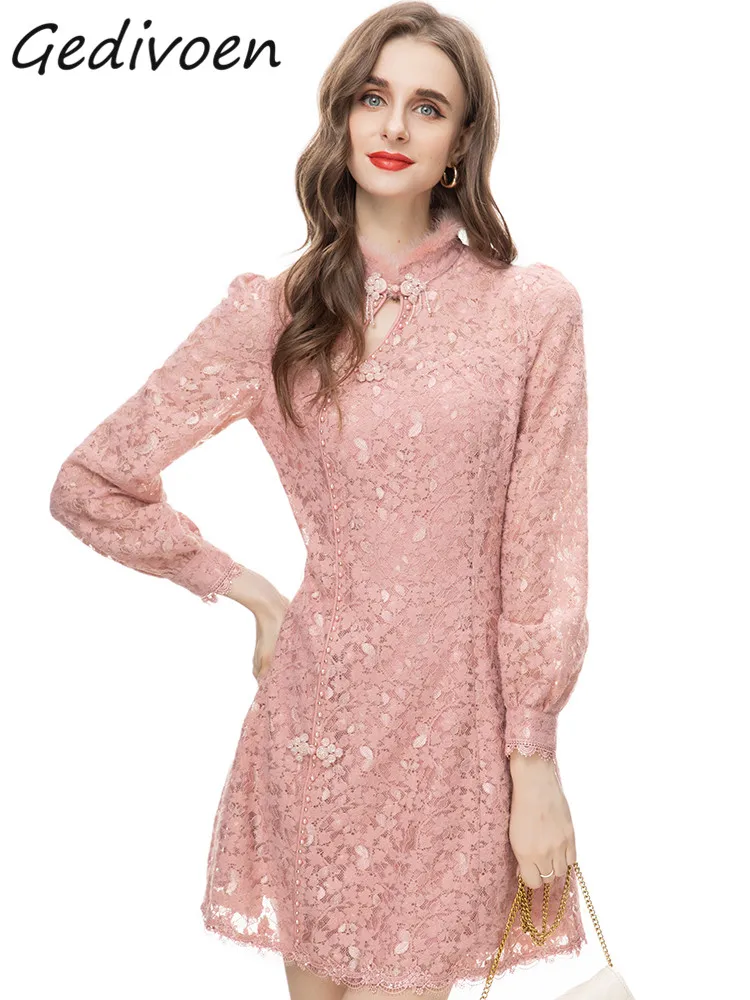 Gedivoen Autumn Fashion Designer Pink Vintage Lace Dress Women Stand Collar Embroidery Button Beading High Waist Slim Mini Dress
Gedivoen Autumn Fashion Designer Pink Vintage Lace Dress Women Stand Collar Embroidery Button Beading High Waist Slim Mini Dress
