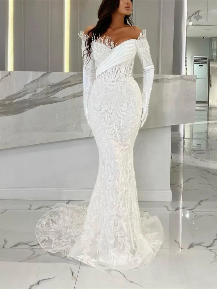 Elegant Mermaid Evening Dresses V Neck Long Sleeves Sequins Beaded Satin Luxury3D Lace Zipper Appliques Prom Dresses Custom Made
Elegant Mermaid Evening Dresses V Neck Long Sleeves Sequins Beaded Satin Luxury3D Lace Zipper Appliques Prom Dresses Custom Made