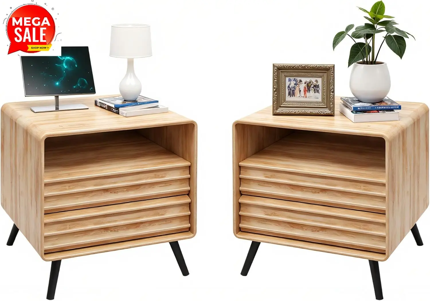 24" Nightstand Set of 2 with Charger Station, Mid Century Modern Fluted End Table with 2 Drawers, Wooden Side Table with Open Cu
24" Nightstand Set of 2 with Charger Station, Mid Century Modern Fluted End Table with 2 Drawers, Wooden Side Table with Open Cu