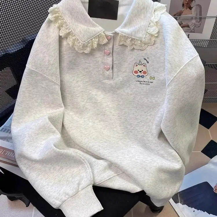 Cute Lace Trimmed Collar Sweatshirt 320g Soft Cotton Blend Milk Silk Embroidered Comfortable Loose Fit Long Sleeve Top
Cute Lace Trimmed Collar Sweatshirt 320g Soft Cotton Blend Milk Silk Embroidered Comfortable Loose Fit Long Sleeve Top