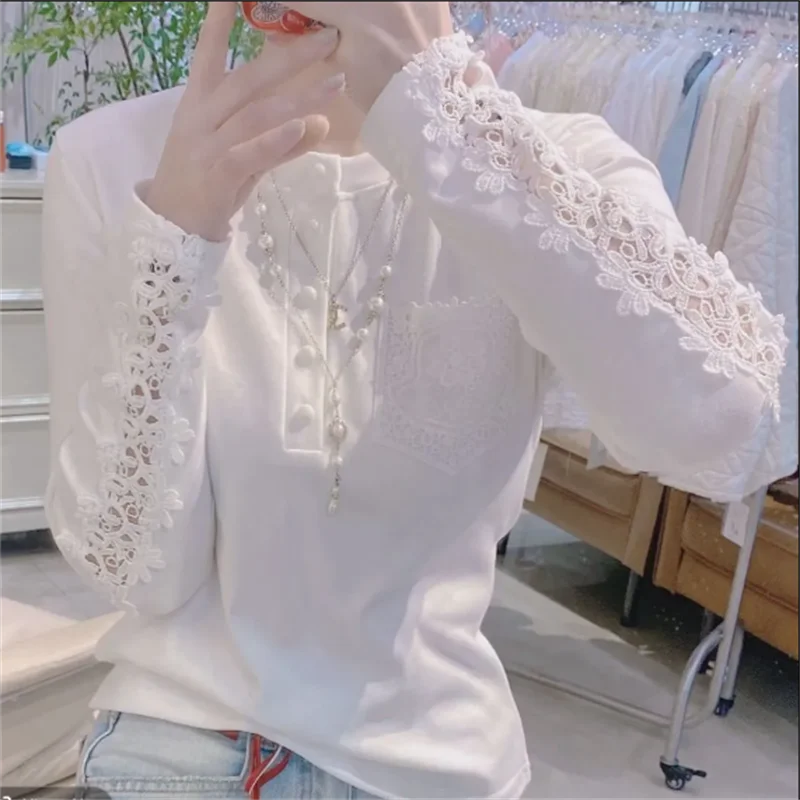 Lace Splicing Tshirt Ladies Base Top White Blous Long-sleeved T-shirt Bottoming Top Hollow Pullover Female Tees
Lace Splicing Tshirt Ladies Base Top White Blous Long-sleeved T-shirt Bottoming Top Hollow Pullover Female Tees