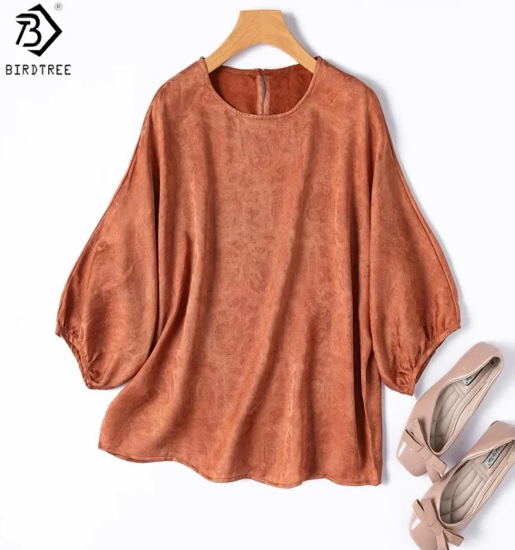Birdtree Summer 100% Mulberry Silk Deep Orange Tshirt,Women Jacquard Lantern Sleeve O-neck Loose Shirt,2025 New T56915JF
Birdtree Summer 100% Mulberry Silk Deep Orange Tshirt,Women Jacquard Lantern Sleeve O-neck Loose Shirt,2025 New T56915JF