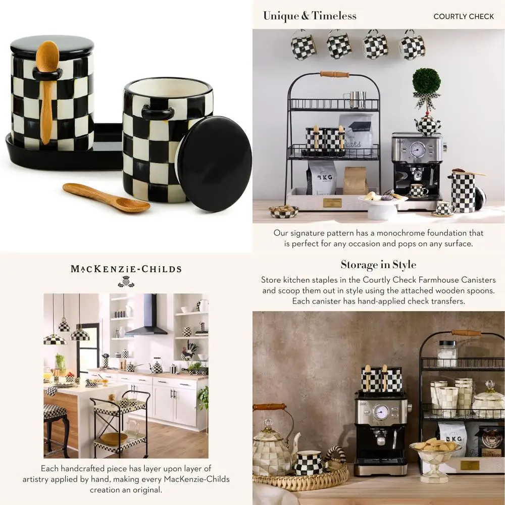 Pair of Decorative Kitchen Canisters with Lids and Spoons, Black & White Checkered Design
Pair of Decorative Kitchen Canisters with Lids and Spoons, Black & White Checkered Design