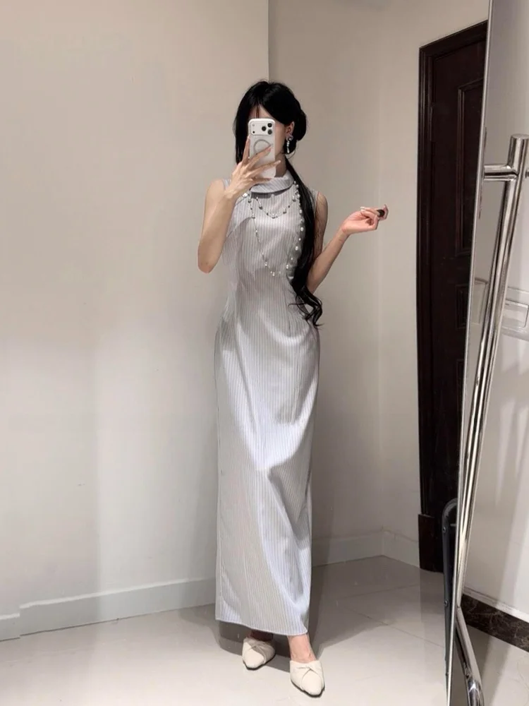 Stazf7 Chinese Style Blue Stripes Sleeveless Slimming Long Qipao Dress for plus Size Women Gentle Summer Fashionable Casual D...
Stazf7 Chinese Style Blue Stripes Sleeveless Slimming Long Qipao Dress for plus Size Women Gentle Summer Fashionable Casual D...