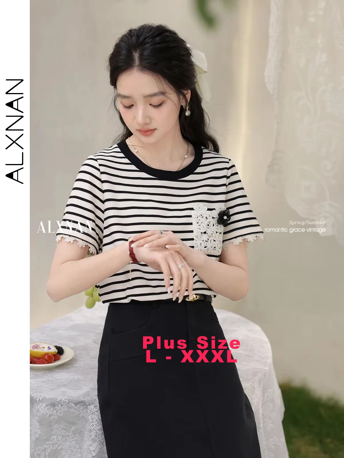 ALXNAN Plus Size Black White Striped T-shirt Women Short Sleeve T-shirt 2025 Lace Trim Loose-fit Korean Popular Clothes D10236
ALXNAN Plus Size Black White Striped T-shirt Women Short Sleeve T-shirt 2025 Lace Trim Loose-fit Korean Popular Clothes D10236