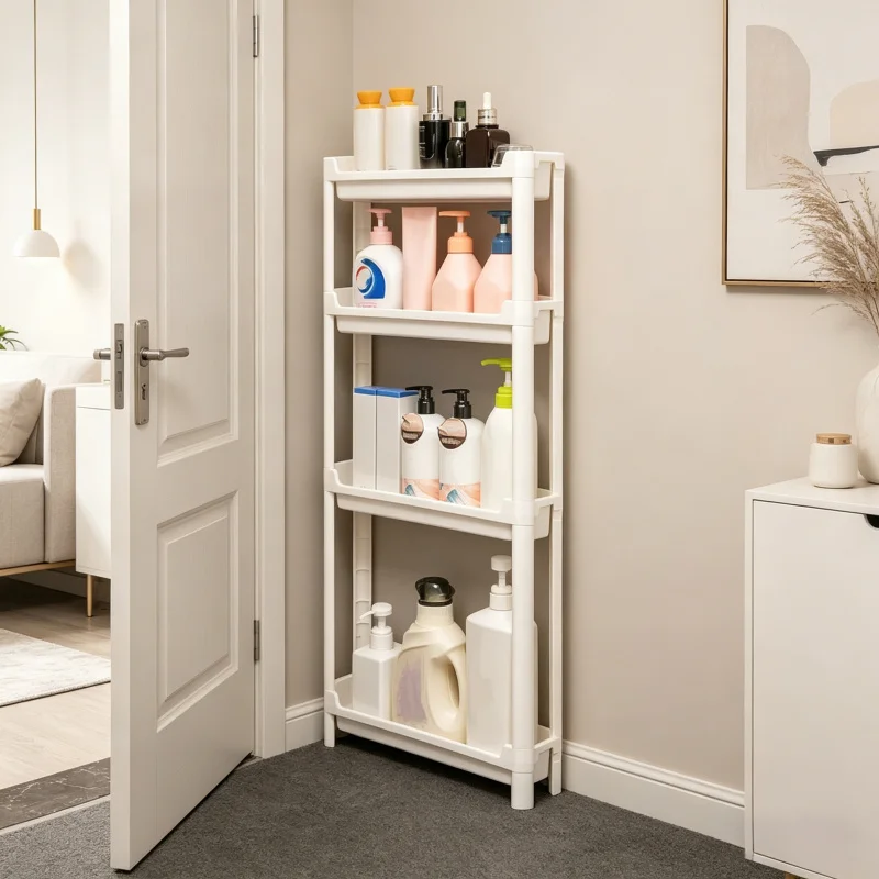 Multi-layer narrow behind door storage cabinet, space saving trolley rack for bathroom and kitchen organization
Multi-layer narrow behind door storage cabinet, space saving trolley rack for bathroom and kitchen organization