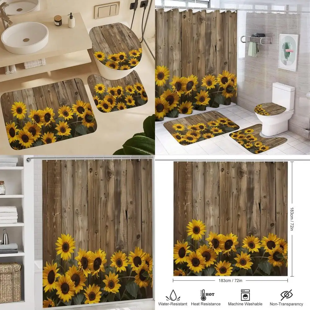 Rustic Yellow Sunflower Shower Curtain Set with Rug, Lid Cover, and Bath Mat, 72x72
Rustic Yellow Sunflower Shower Curtain Set with Rug, Lid Cover, and Bath Mat, 72x72