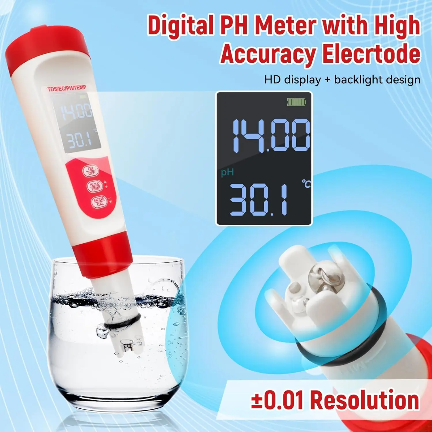 Water PH Tester - PH Temperature Tester LED Display Water Quality Monitor Testing Pen For Pool, Aquarium, Hot Spring, Drinking