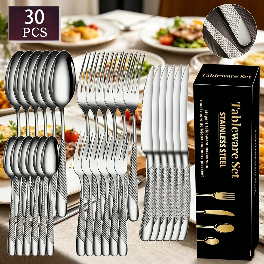 30-piece stainless steel silverware set, including: knife, fork, and spoon. Serves 6. Suitable for home and restaurant use. Dish
30-piece stainless steel silverware set, including: knife, fork, and spoon. Serves 6. Suitable for home and restaurant use. Dish