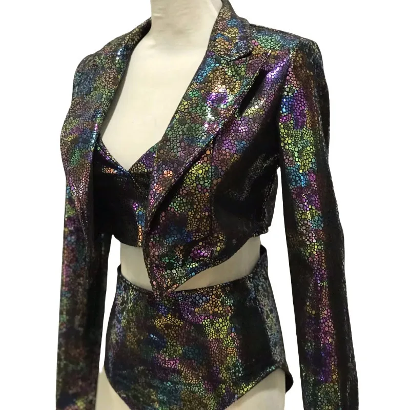 Women Laser Leather Bikini Jacket Set Jazz Dance Team Stage Performance 3 Pieces Rave Outfit Singer Bar Nightclub Costume
Women Laser Leather Bikini Jacket Set Jazz Dance Team Stage Performance 3 Pieces Rave Outfit Singer Bar Nightclub Costume