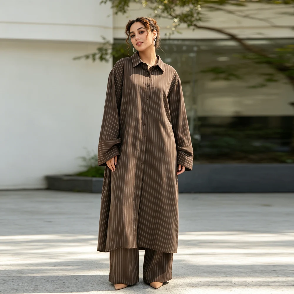 Modest Muslim Oversized Sets Stripe Long Shirt Wide Leg Pants Suit Dubai Turkey Kaftan Abaya Femme Musulmane Ensembles Outfits
Modest Muslim Oversized Sets Stripe Long Shirt Wide Leg Pants Suit Dubai Turkey Kaftan Abaya Femme Musulmane Ensembles Outfits