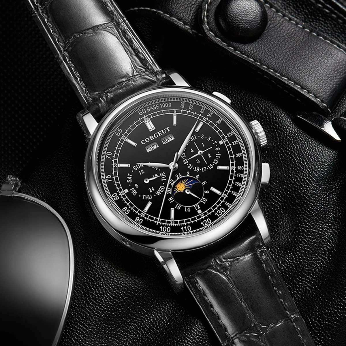 Corgeut 42mm Automatic Watch Men Date Day Month Year Rose Gold Dial Multifunction Watches Leather Strap Polished Case Day Night
Corgeut 42mm Automatic Watch Men Date Day Month Year Rose Gold Dial Multifunction Watches Leather Strap Polished Case Day Night