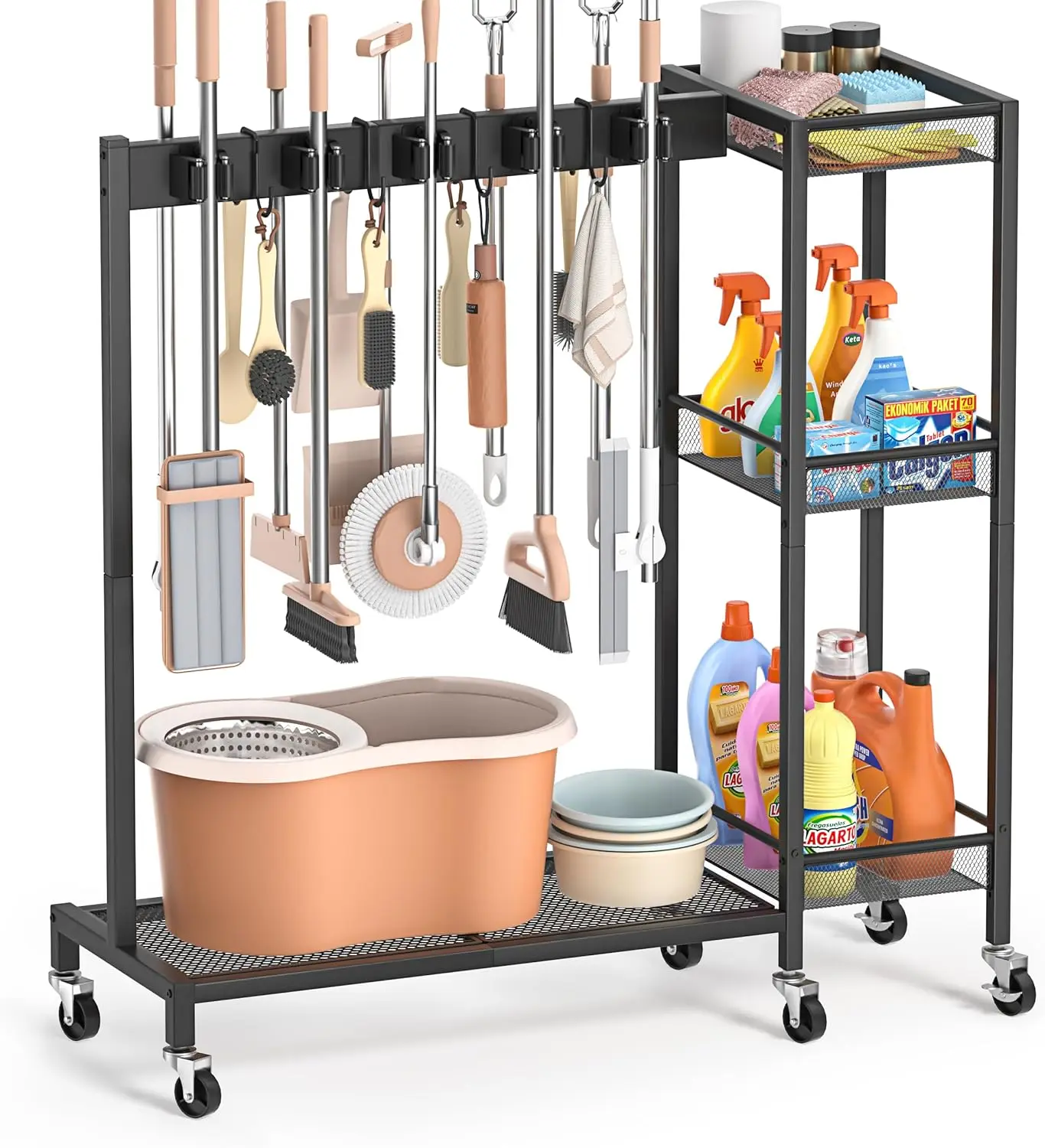 Portable Cleaning Cart with Broom Holder, Storage Cabinet, and Mop Hanger for Home Organization
Portable Cleaning Cart with Broom Holder, Storage Cabinet, and Mop Hanger for Home Organization
