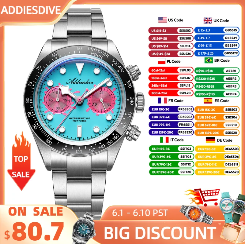 ADDIESDIVE Watch New VK64 Chronograph Men Quartz Wristwatch Ceramic Bezel BGW9 Luminous Domed Glass 100m Waterproof Dive AD2520
ADDIESDIVE Watch New VK64 Chronograph Men Quartz Wristwatch Ceramic Bezel BGW9 Luminous Domed Glass 100m Waterproof Dive AD2520
