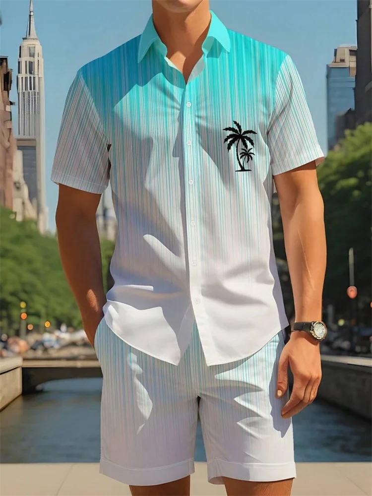 A Men's Fashionable Short-sleeved Shirt Set With Blue And White Stripes And Palm Tree Prints Is Perfect For Casual Vacations
A Men's Fashionable Short-sleeved Shirt Set With Blue And White Stripes And Palm Tree Prints Is Perfect For Casual Vacations