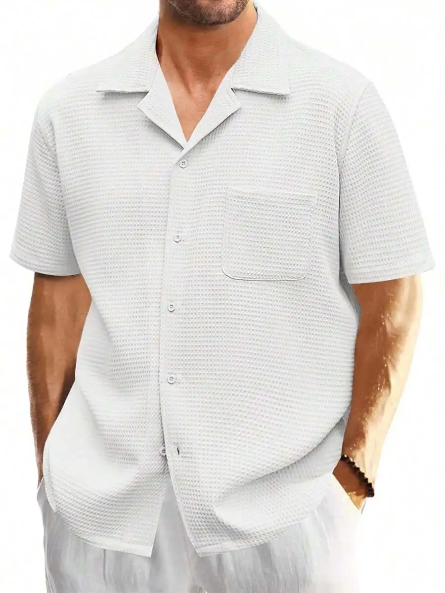 Mens Waffle Knit Button Up Shirt Short Sleeve Cuban Collar Solid Color Casual Top
Mens Waffle Knit Button Up Shirt Short Sleeve Cuban Collar Solid Color Casual Top