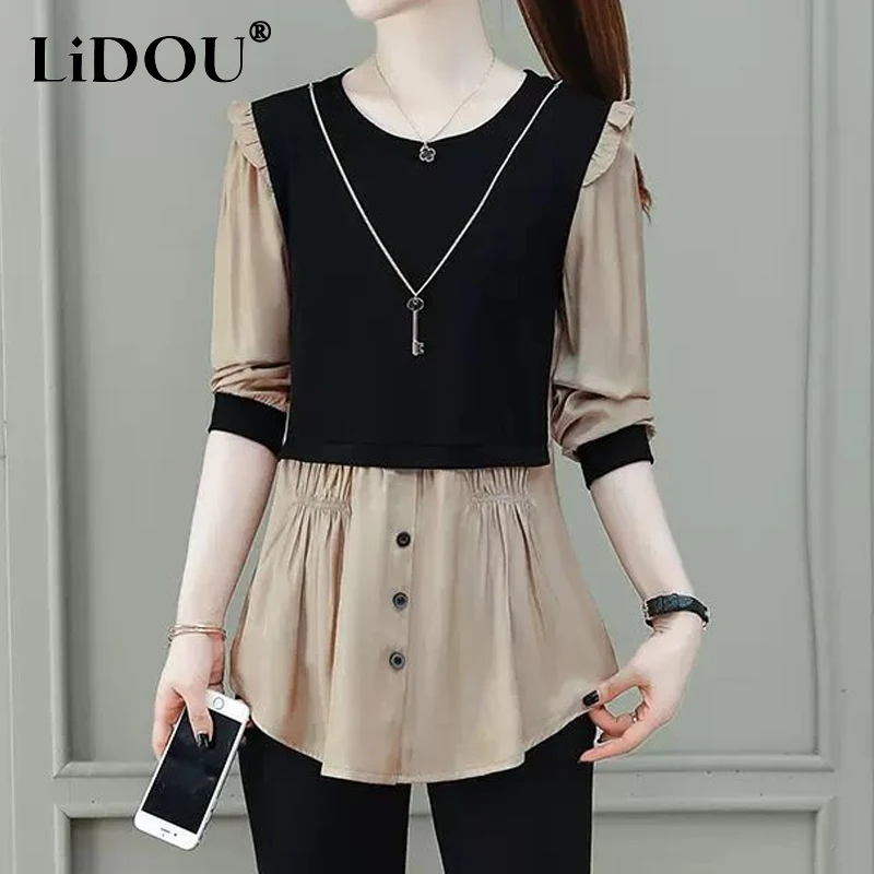 2023 Spring Autumn New Round Neck Long Sleeve Blouse Women High Street Fashion Contrast Color Fake Two Pieces Button Pullovers
2023 Spring Autumn New Round Neck Long Sleeve Blouse Women High Street Fashion Contrast Color Fake Two Pieces Button Pullovers