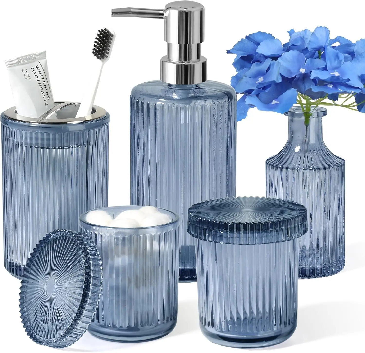 Vintage Blue Glass Bathroom Set, 5-Piece Soap Dispenser Toothbrush Holder Qtip Jar Vase Decor
Vintage Blue Glass Bathroom Set, 5-Piece Soap Dispenser Toothbrush Holder Qtip Jar Vase Decor