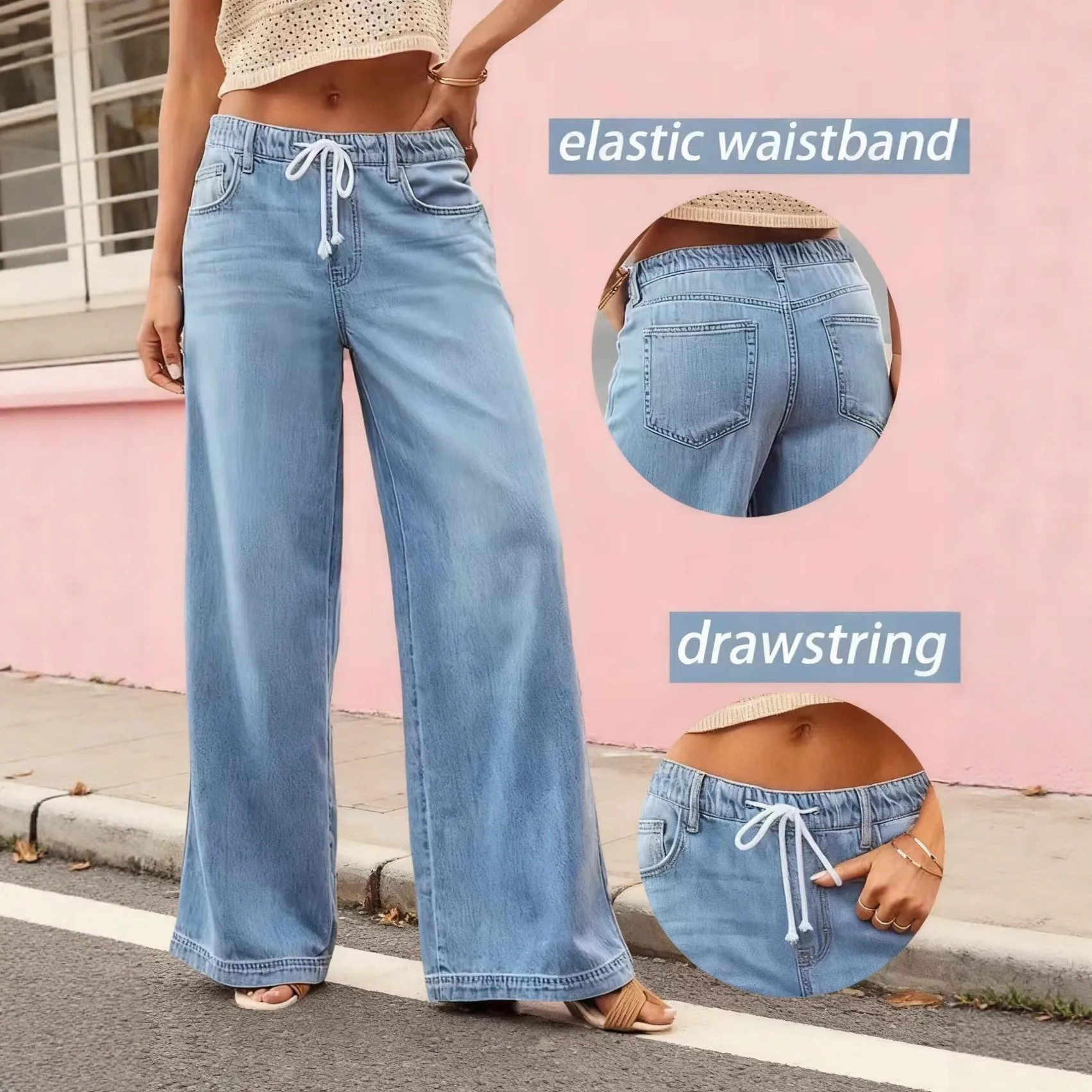 Y2K Jeans Baggy High Waisted Wide Leg Denim Pants Light Wash Drawstring Waist Full Length Cotton Trousers with Front Pocket
Y2K Jeans Baggy High Waisted Wide Leg Denim Pants Light Wash Drawstring Waist Full Length Cotton Trousers with Front Pocket