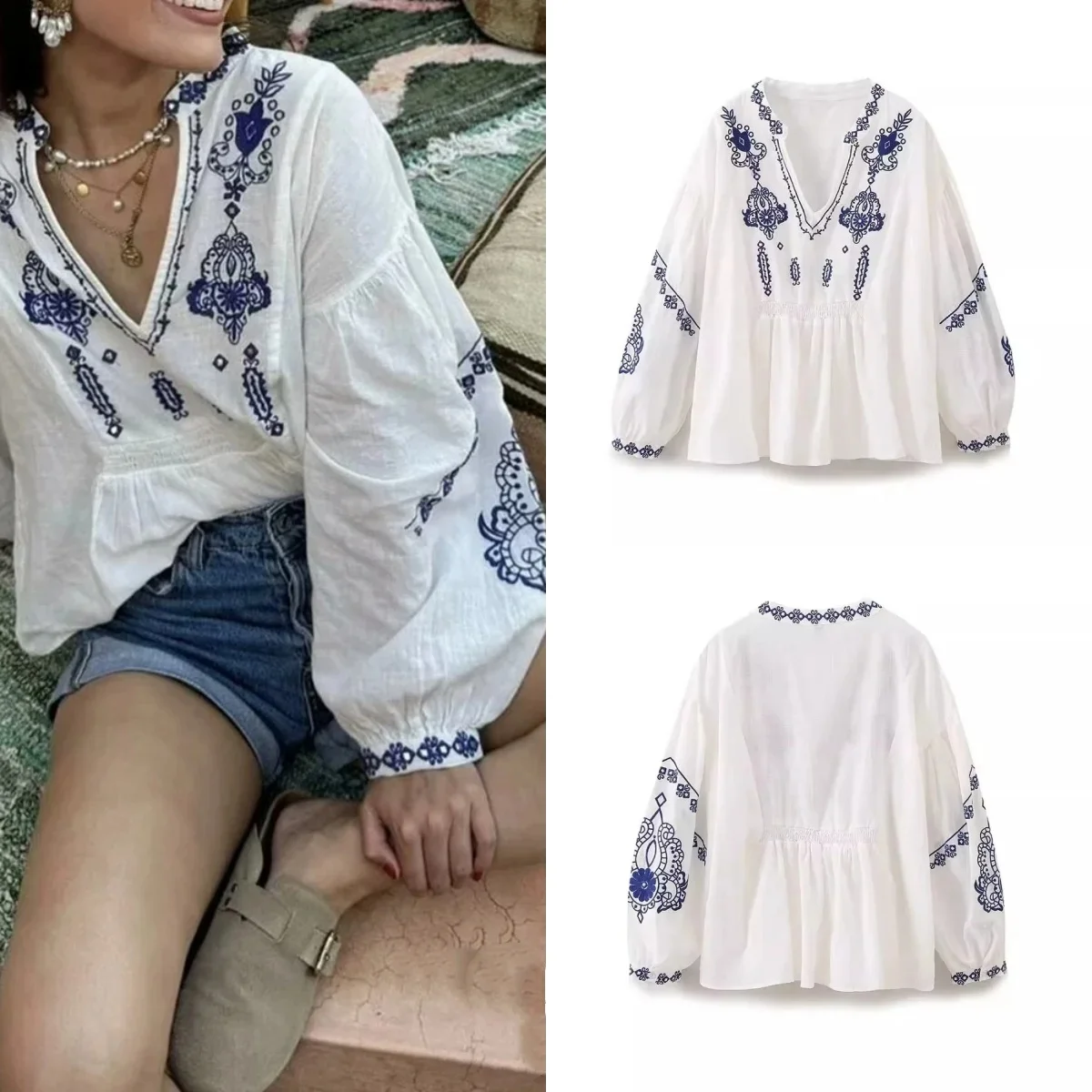 Vintage Embroidery Loose Cotton Shirts Women V Neck Long Sleeve Blouses Fashion Summer Elegant Boho Female Tops
Vintage Embroidery Loose Cotton Shirts Women V Neck Long Sleeve Blouses Fashion Summer Elegant Boho Female Tops