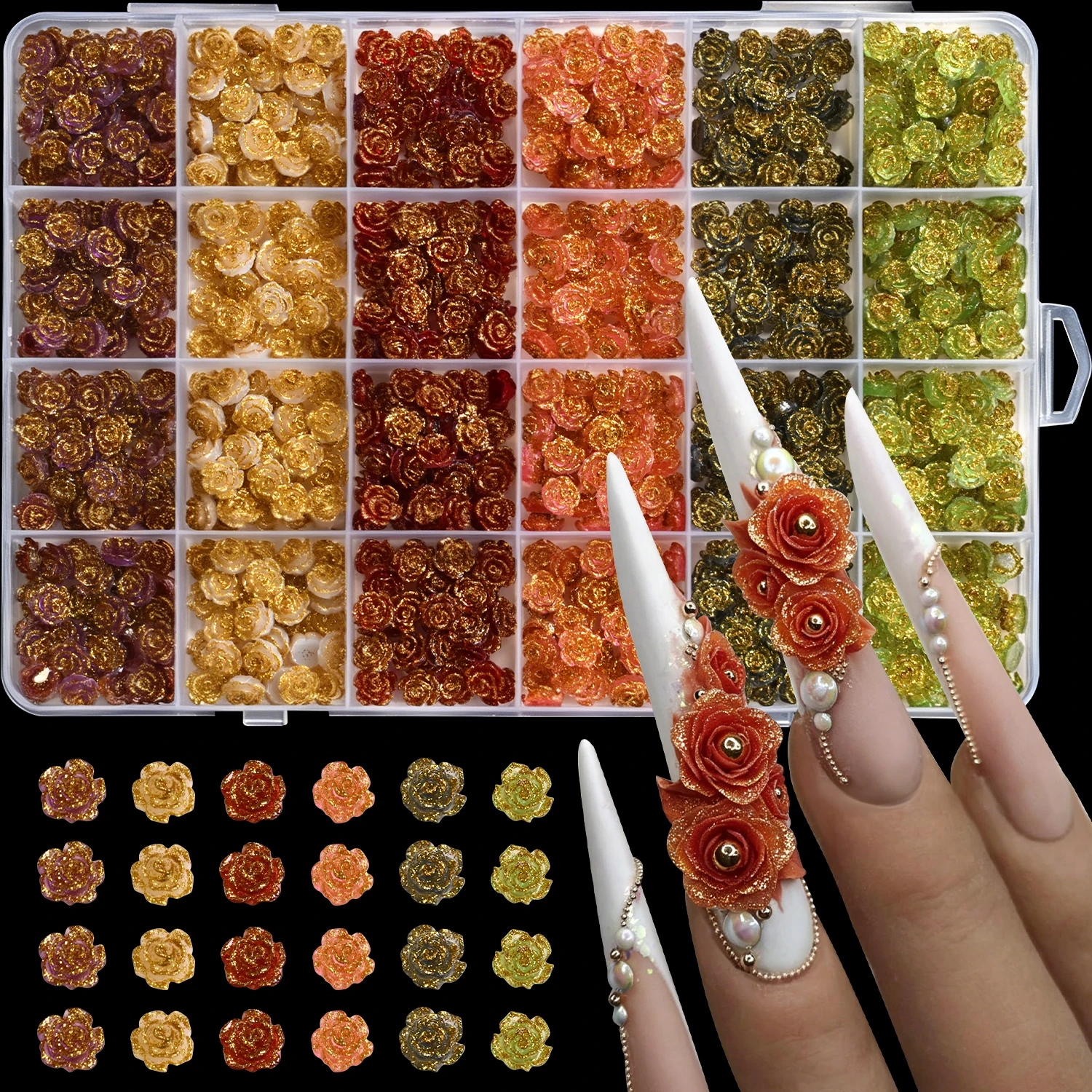 24Grids 3D Mixed Golden Glitter Camellia Rose Flower Nail Charms Vintage Brown Gold Foil Powder Rose Resin Nail Jewelry DIY Deco
24Grids 3D Mixed Golden Glitter Camellia Rose Flower Nail Charms Vintage Brown Gold Foil Powder Rose Resin Nail Jewelry DIY Deco