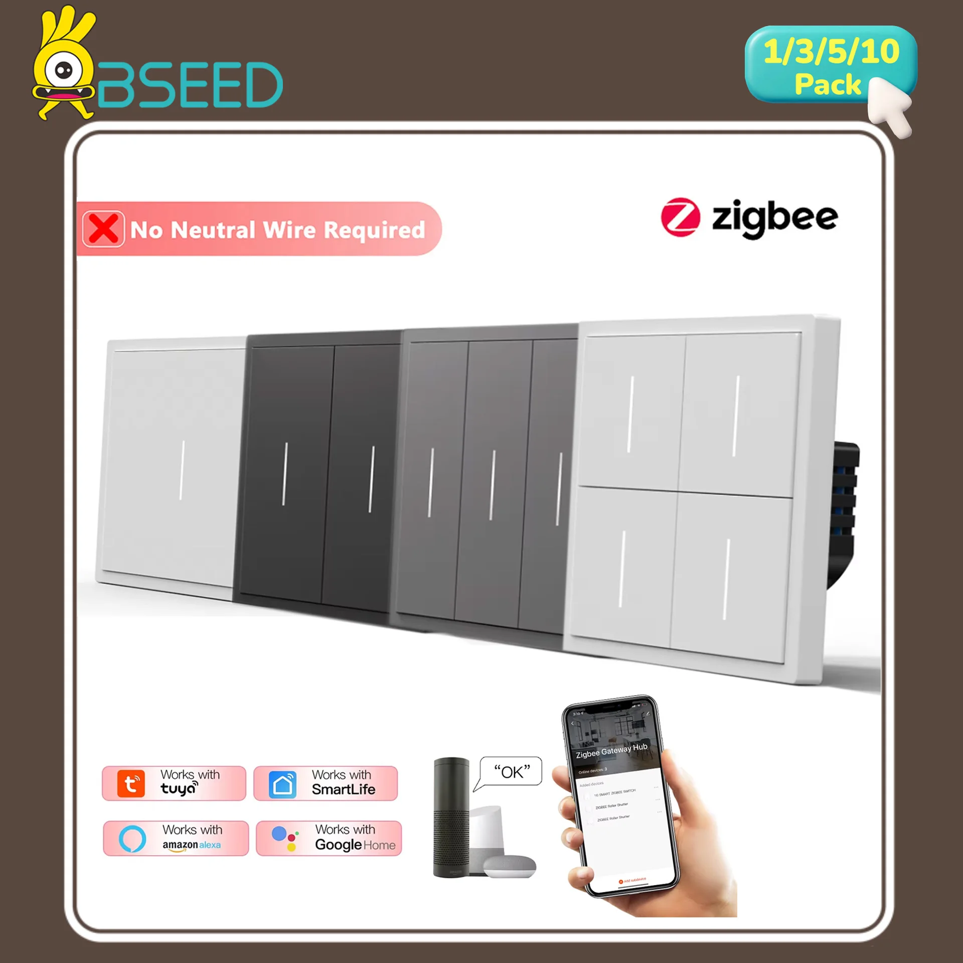 BSEED Zigbee Light Switches Series Mechanical Large Button Wall Smart Click Switch TUYA APP 1/2/3/4Gang Switch Single Live Wire
BSEED Zigbee Light Switches Series Mechanical Large Button Wall Smart Click Switch TUYA APP 1/2/3/4Gang Switch Single Live Wire
