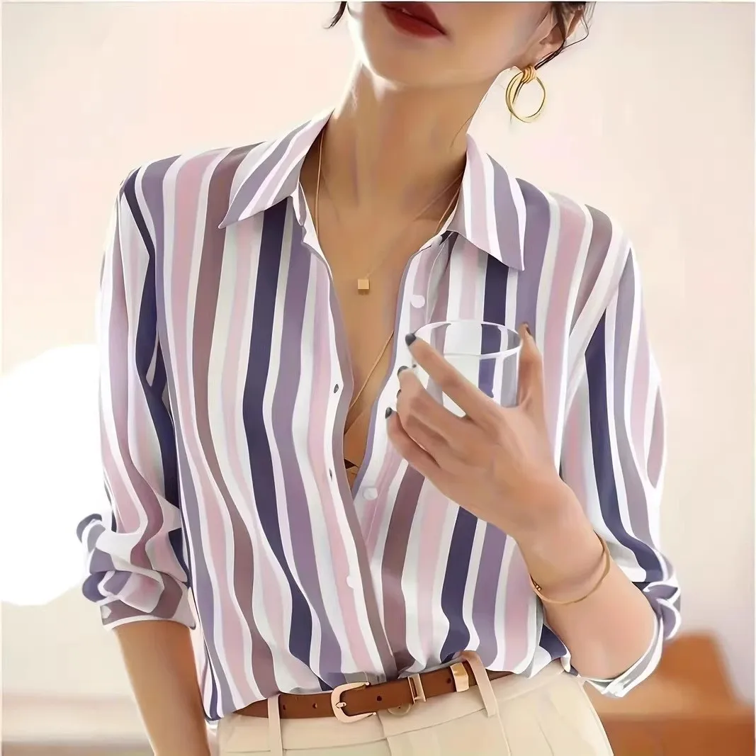 Women's Clothing Spring and Autumn Non-ironing Fashion Temperament Striped Shirt Retro Lapel Loose Top Cold and Breathable
Women's Clothing Spring and Autumn Non-ironing Fashion Temperament Striped Shirt Retro Lapel Loose Top Cold and Breathable