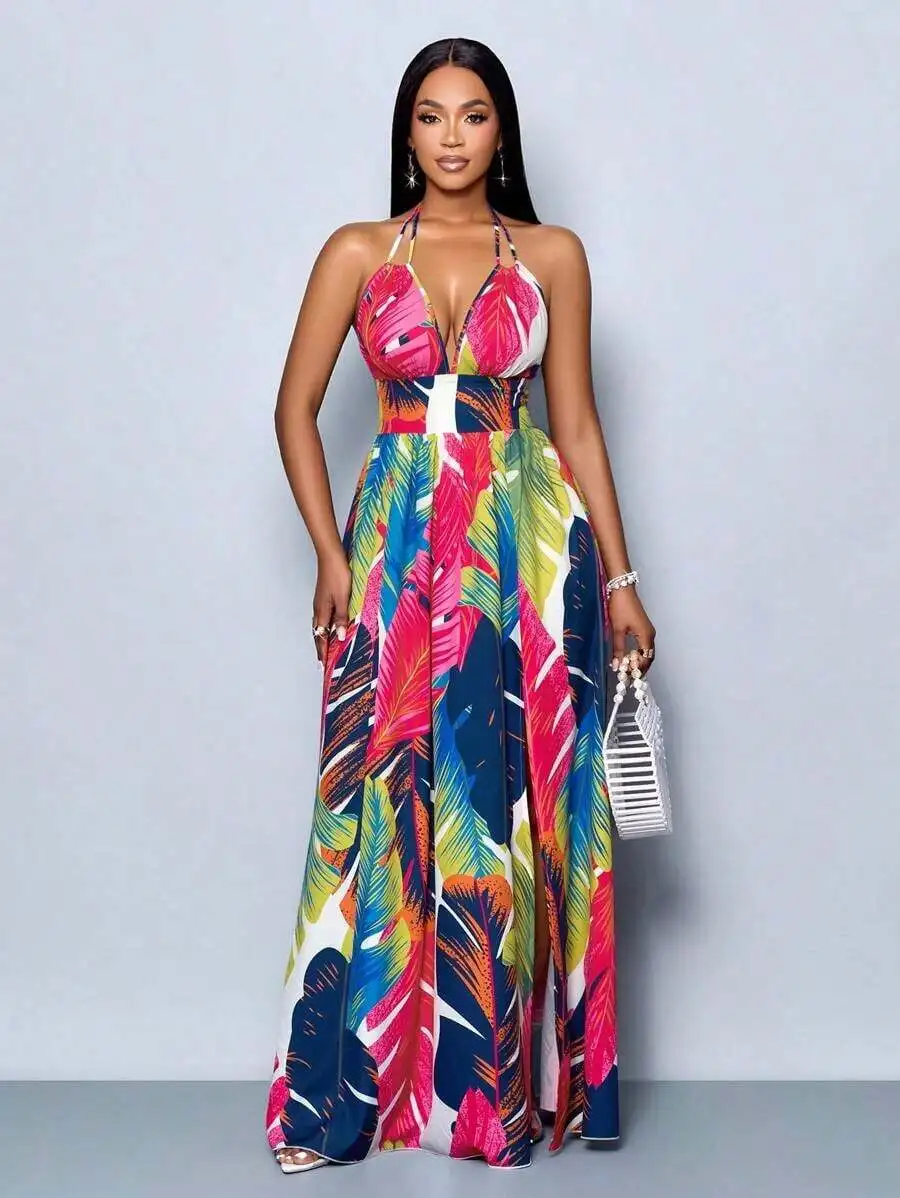 Womens Tropical Print Halter Neck Maxi Dress Flowing Skirt Elegant Gown
Womens Tropical Print Halter Neck Maxi Dress Flowing Skirt Elegant Gown