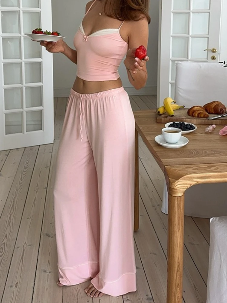 Cute Woman Pink Spaghetti Strap Bow Top Suit Elastic Drawstring Floor-Length Pants Sets V-Neck Home Pullover Pajama Outfit
Cute Woman Pink Spaghetti Strap Bow Top Suit Elastic Drawstring Floor-Length Pants Sets V-Neck Home Pullover Pajama Outfit