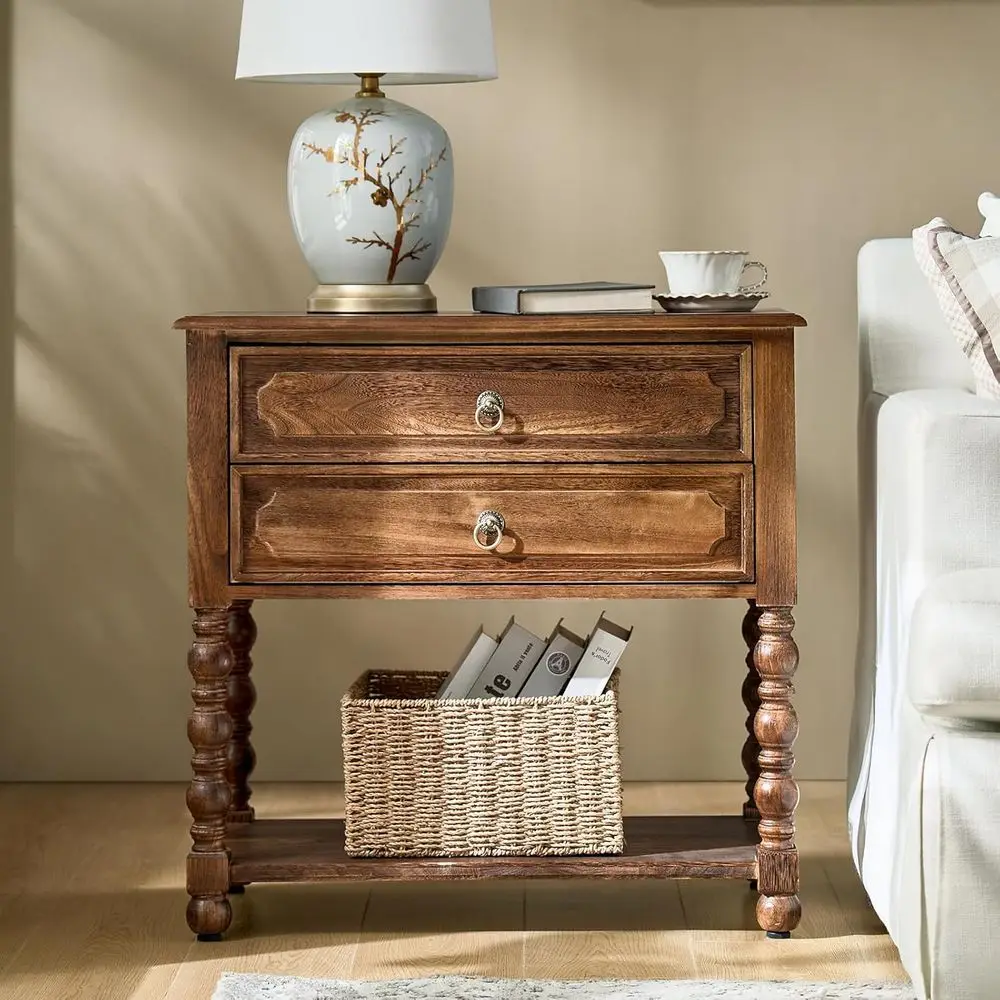 armhouse Storage End Table with 2 Ders and Open Shel, Solid Wood Side Table with Spindle Legs, End Table with Charging Station (
armhouse Storage End Table with 2 Ders and Open Shel, Solid Wood Side Table with Spindle Legs, End Table with Charging Station (