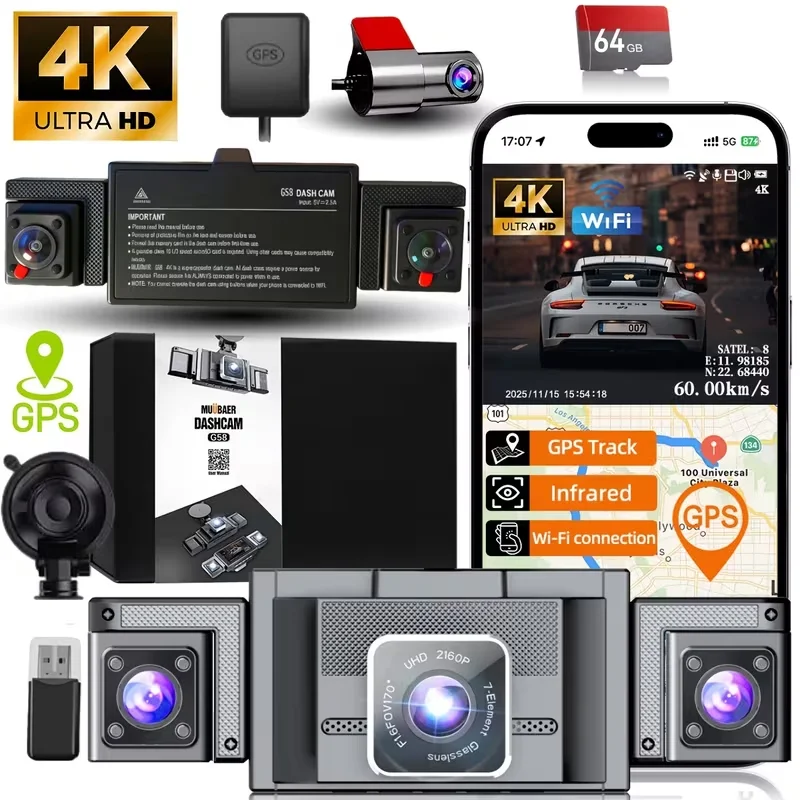 360° Dash Cam Front and Rear Inside, 4 Channel FHD 4K+1080P+1080P+1080P, Wi-Fi External GPS Car Camera, with 64GB SD Card, Night Vision, 24H Parking Mode
360° Dash Cam Front and Rear Inside, 4 Channel FHD 4K+1080P+1080P+1080P, Wi-Fi External GPS Car Camera, with 64GB SD Card, Night Vision, 24H Parking Mode