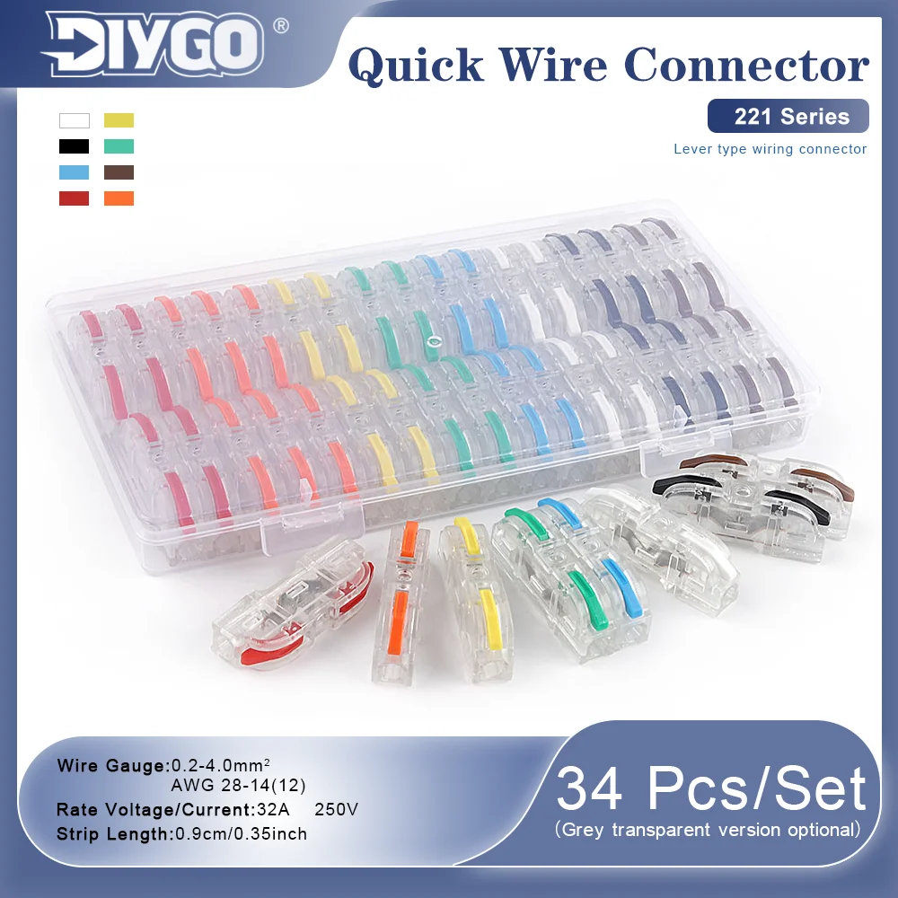 34Pcs/Set 221 Series Lever Type Quick Wire Connectors, 0.2-4.0mm² 32A 250V Electrical Splice Terminal Blocks for Home Wiring
34Pcs/Set 221 Series Lever Type Quick Wire Connectors, 0.2-4.0mm² 32A 250V Electrical Splice Terminal Blocks for Home Wiring
